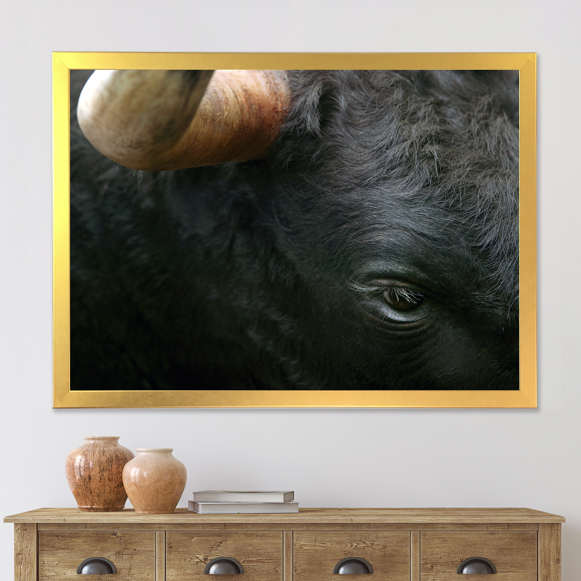 Designart 'Close-Up Of Eye Fighting Bull Head ' Farmhouse Framed Art Print