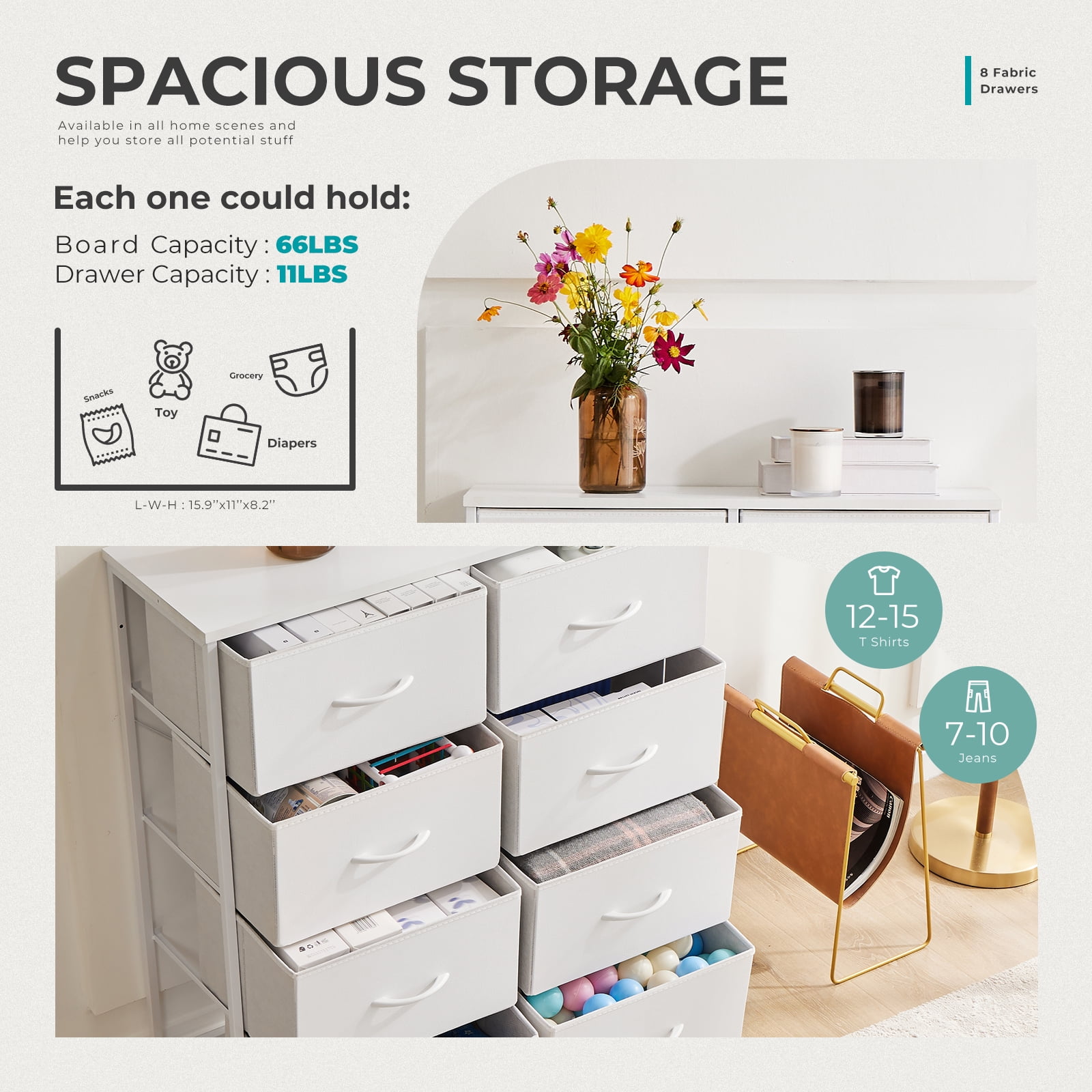 Aukfa 8 Drawer Dresser,Tall Fabric Dresser & Chest of Drawers for Bedroom,Metal Frame,White