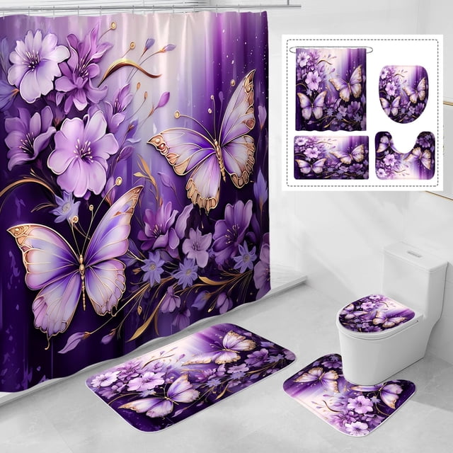 Set de decoración de baño Litabel, cortina de ducha, color morado y rojo, 4 unidades