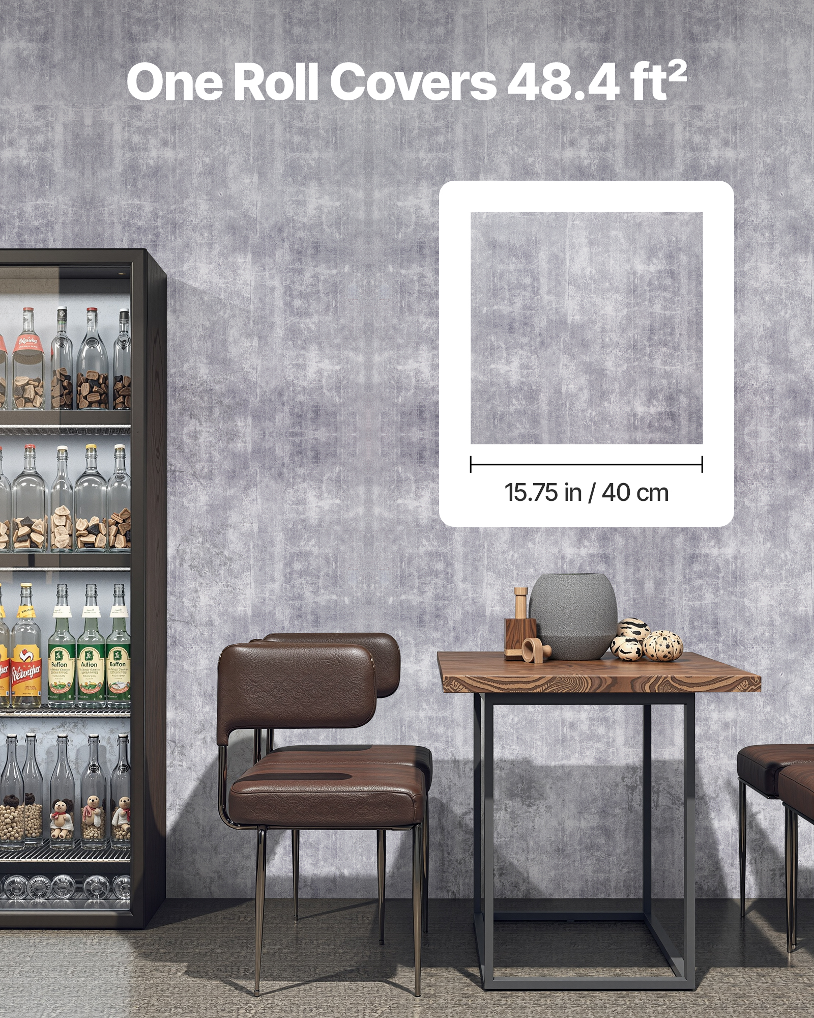VEVOR Peel and Stick Wallpaper, 15.7 x 590.5 inch Contact Paper Waterpoof Self Adhesive, Easy to Clean Wall Decorative Vinyl Roll for Bedroom Kitchen Bathroom Office,Dark Gray Industrial Style