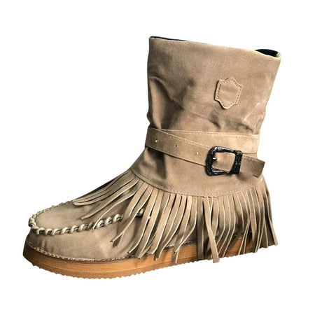 

nsendm Womens Boots 6.5 Fringe Fashion Women s Toe Shoes Short Round Casual Retro Boots Flat Women Boots Size 9.5 Brown 9