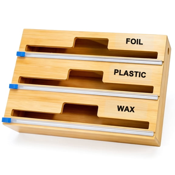 NUBILY WrapNeat 3 in 1 Wrap Organizer with Cutter and Labels, Plastic Wrap, Aluminum Foil and Wax Bamboo Dispenser for Kitchen Storage Organization Holder for 12" Roll (Natural)