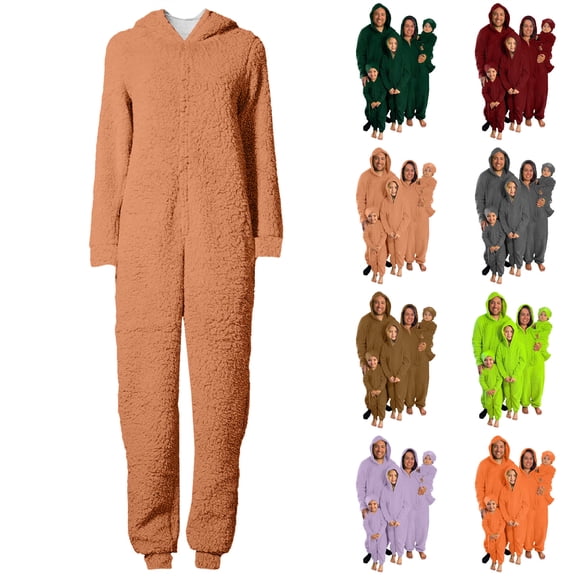 QIUOMBBP Brown Family Pajamas Matching Sets Christmas Solid Color Fleece Hooded Jumpsuits Long Sleeve Zip Up Sleepwear Onesies L