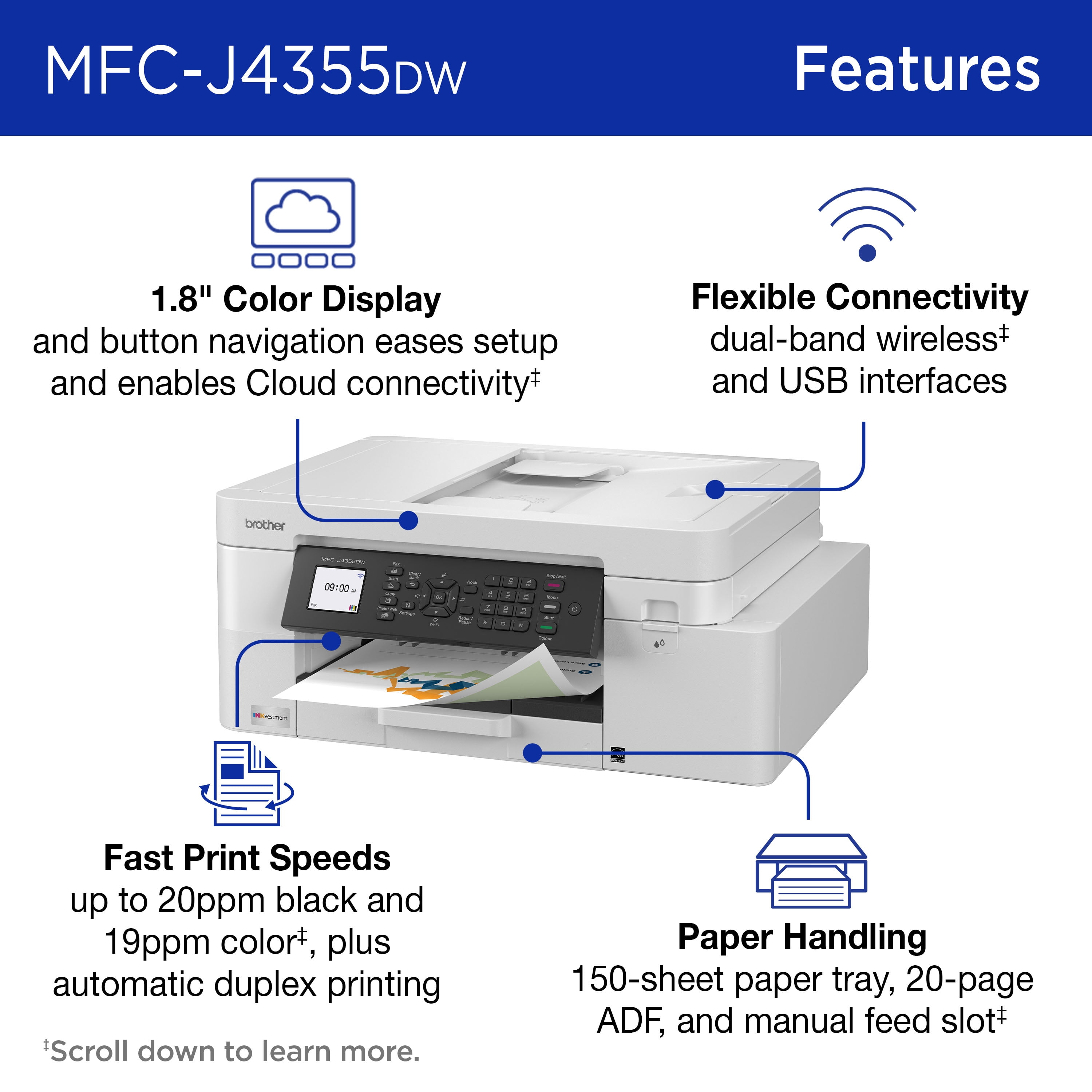 Brother INKvestment 4355 MFC-J4355DW Wireless Color Inkjet All-in-One Printer with 1.8” Color Display and Manual Feed Slot