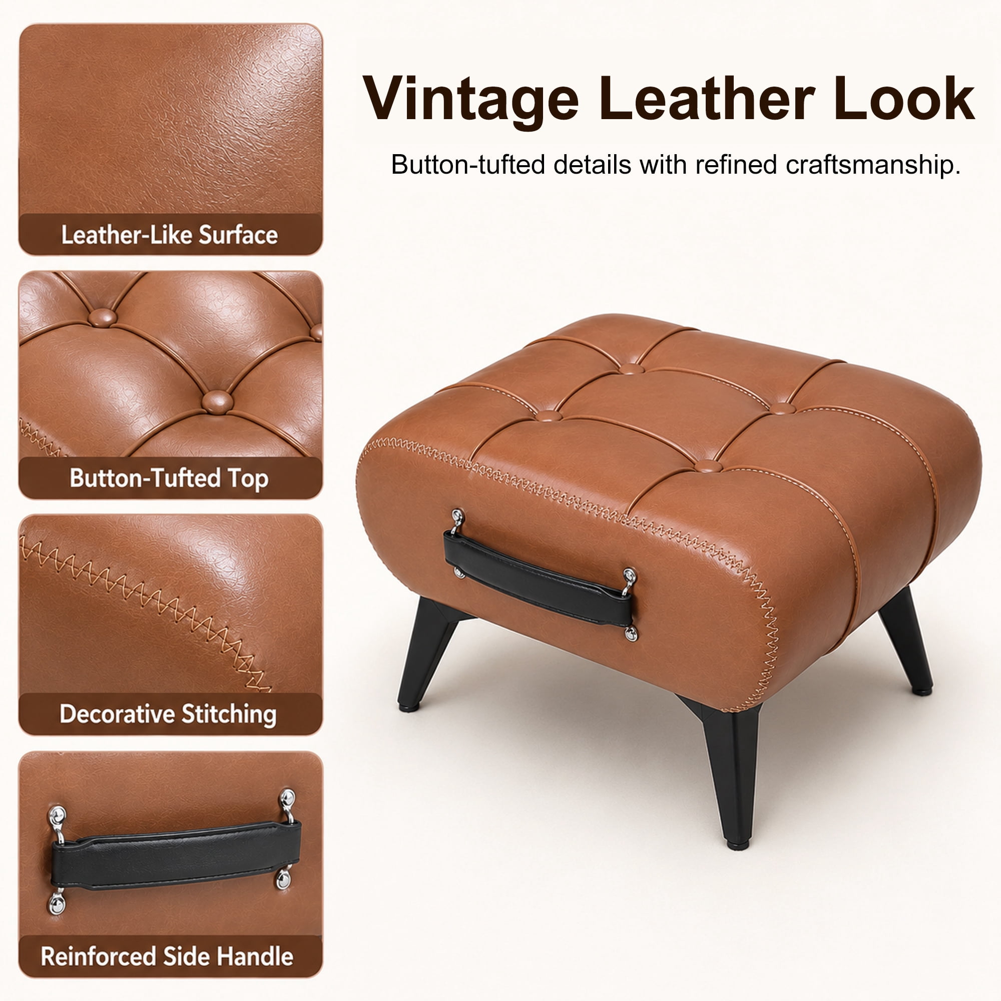 Leumius Modern Leather Stool with Hidden Storage,Portable Handles & Metal Legs,Square Footrest for Living Room,Orange