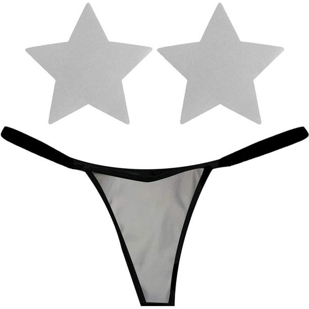 BalyFovin Reflective Bright White Black Naughty Knix G String Panties and Matching Nipztix