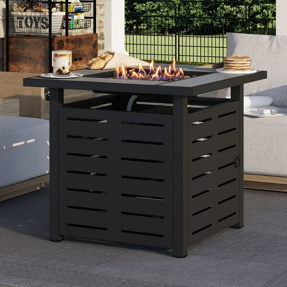 Sunmthink 28 Inch 50,000 BTU Fire Pit Table - Ceramic Tabletop with Lava Rocks & Lid