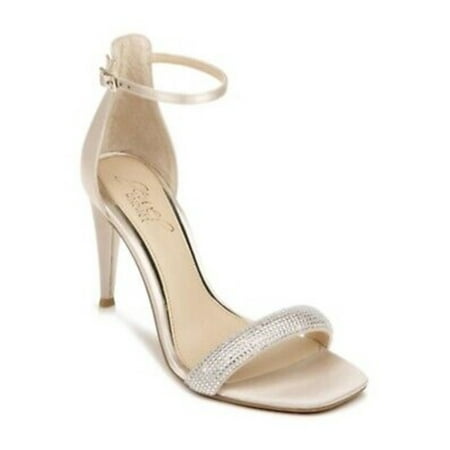 

JEWEL BADGLEY MISCHKA Womens Beige Textured Ankle Strap Rhinestone Easter Square Toe Stiletto Buckle Dress Heeled Sandal 5