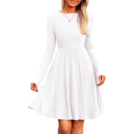PRETTYGARDEN Women s Spring Fall Short Dress Ribbed Knit Crewneck Long Sleeve A Line Flowy Casual Elegant Going Out Dresses