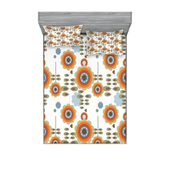 Ambesonne Flower Fitted Sheet & Pillow Sham Set, Floral Abstract Petals Art, Full, Multicolor