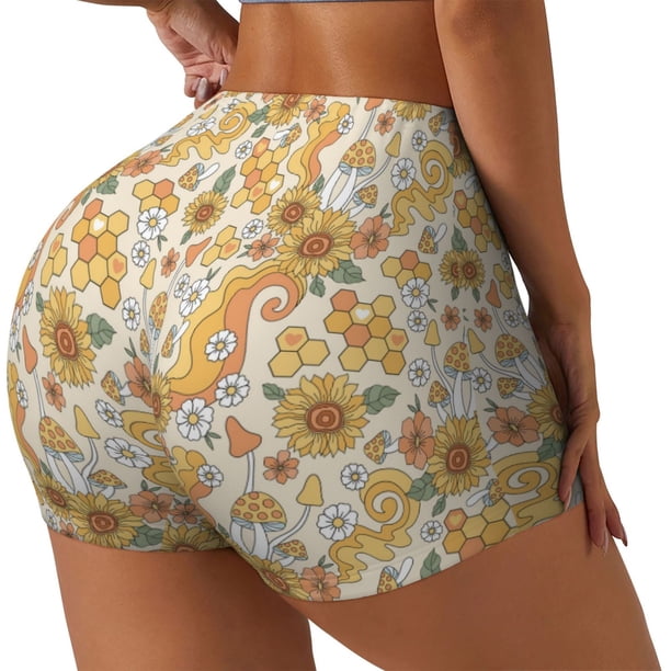 Balery Groovy Hippie Flower Mushrooms Pantalones cortos de entrenamiento estampados para mujer, sin costuras, ajustados, para gimnasio, yoga, correr, deportes, ejercicio activo, fitness.-X-Large