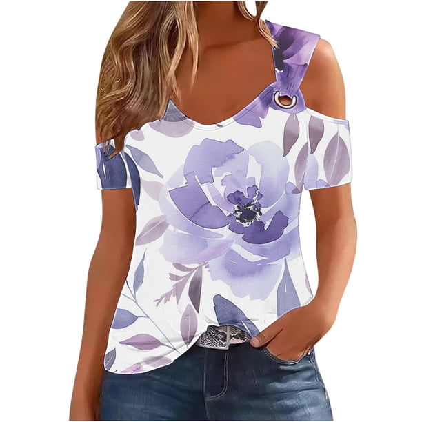 Blusas de Manga Corta para las Mujeres Sexy Frío Hombro Suéter Cuello en V Top Sólido, Blusas para las Mujeres Casual