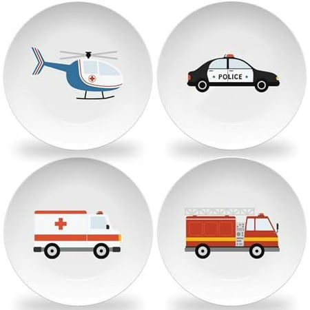 Emergency Vehicles Plates – 10" Set of 4 Reusable Melamine Plates with Fire Truck, Police Car, Ambulance & Rescue Helicopter – For Everyday Use, Table Decor, Birthdays & Party Favors