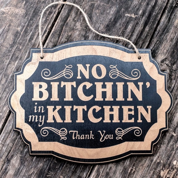 Hip Flask Plus Black Door Sign - No Bitchin in my Kitchen (7x9.5 inches)