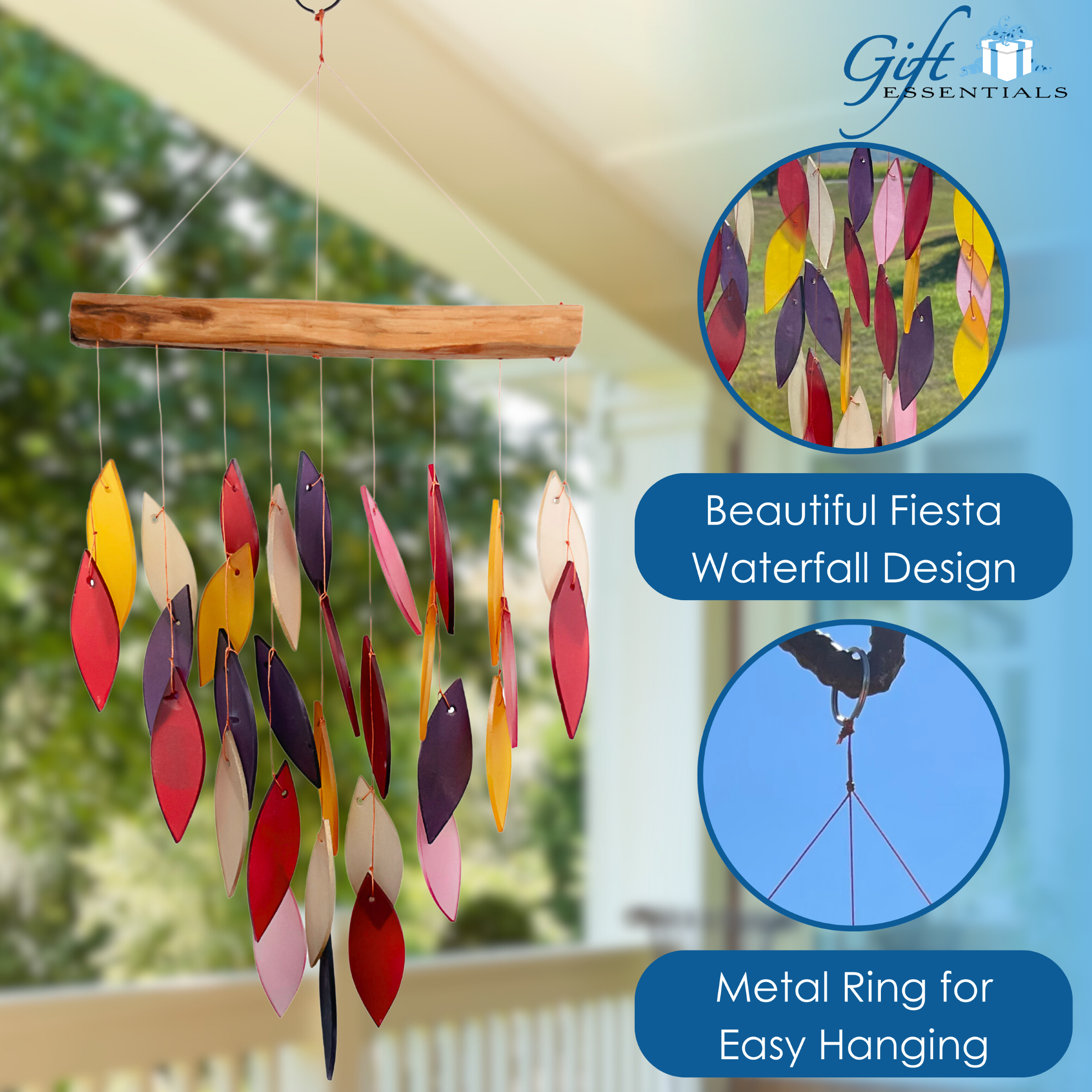 Blue Handworks Glass Wind Chime Fiesta Waterfall Wind Chimes Garden Decor
