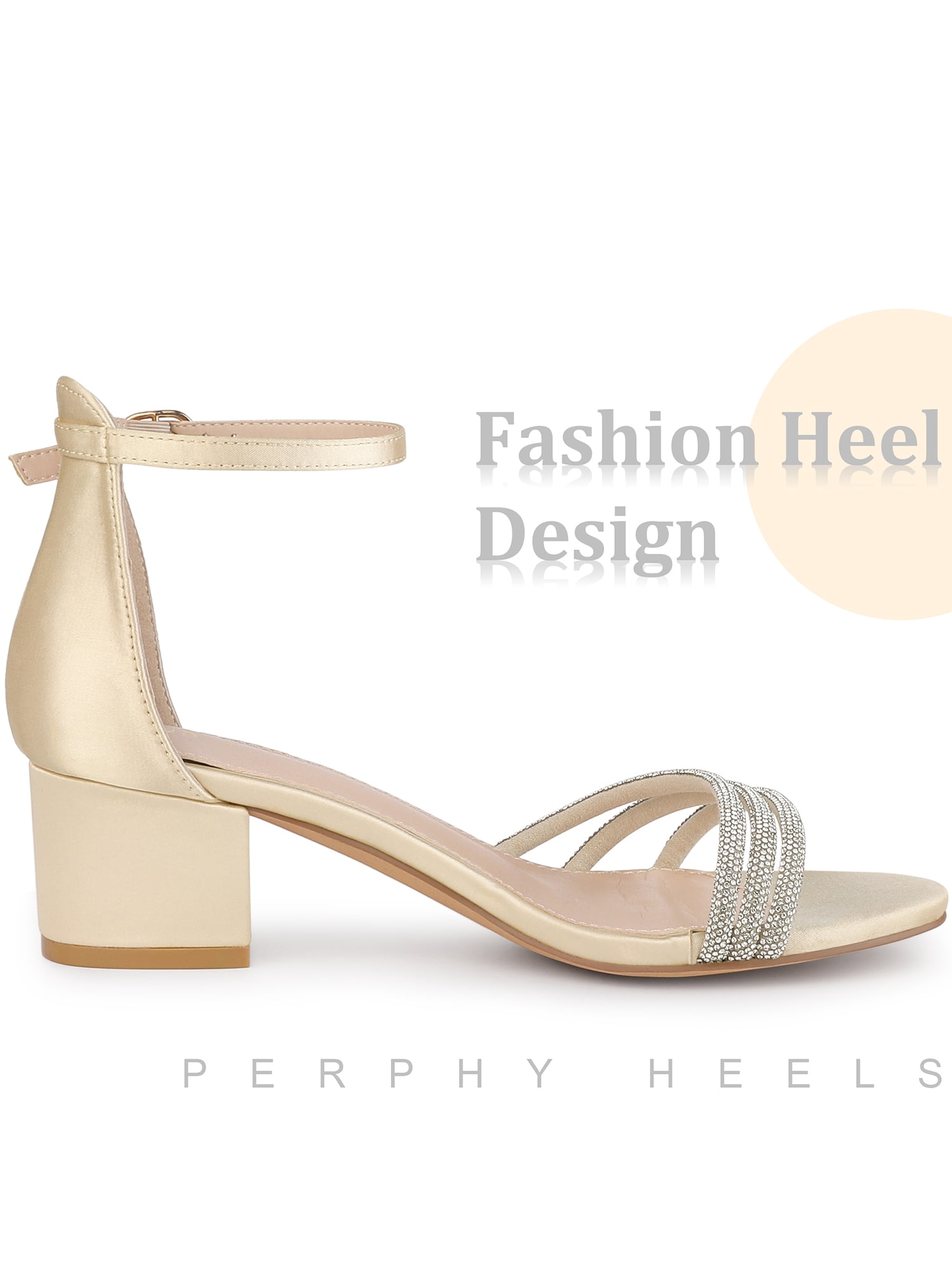 DARING DIVA Satin Rhinestones Open Toe Chunky Heel Sandals for Women Champagne 7.5