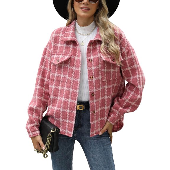 ZZkhGO Women's Long Sleeve Lapel Hoodless Jacket Plaid Button Cardigan Coat Top with Pocket Fall Casual Thickened Turndown Woollen Coat