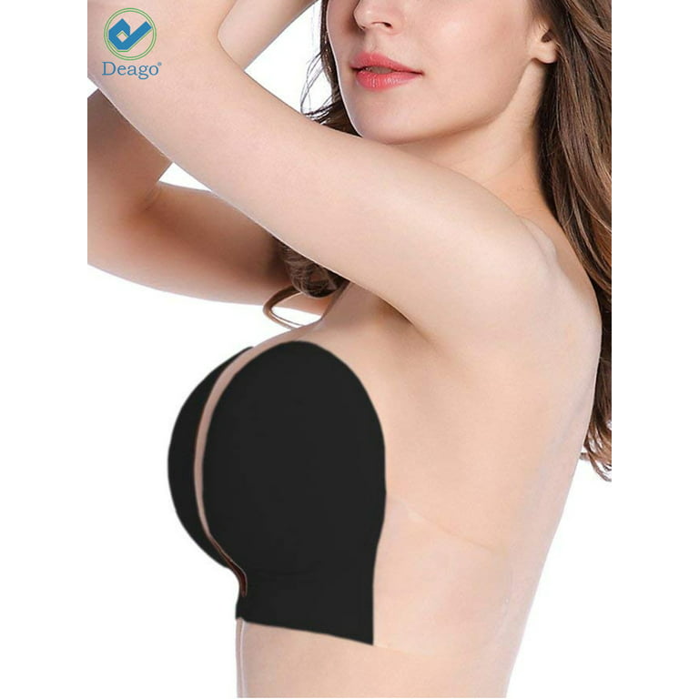 Deago Women's Strapless Sticky Bra Self Adhesive Invisible Bra Backless  Push up Bra Reusable Silicone Deep U Plunge Bra 
