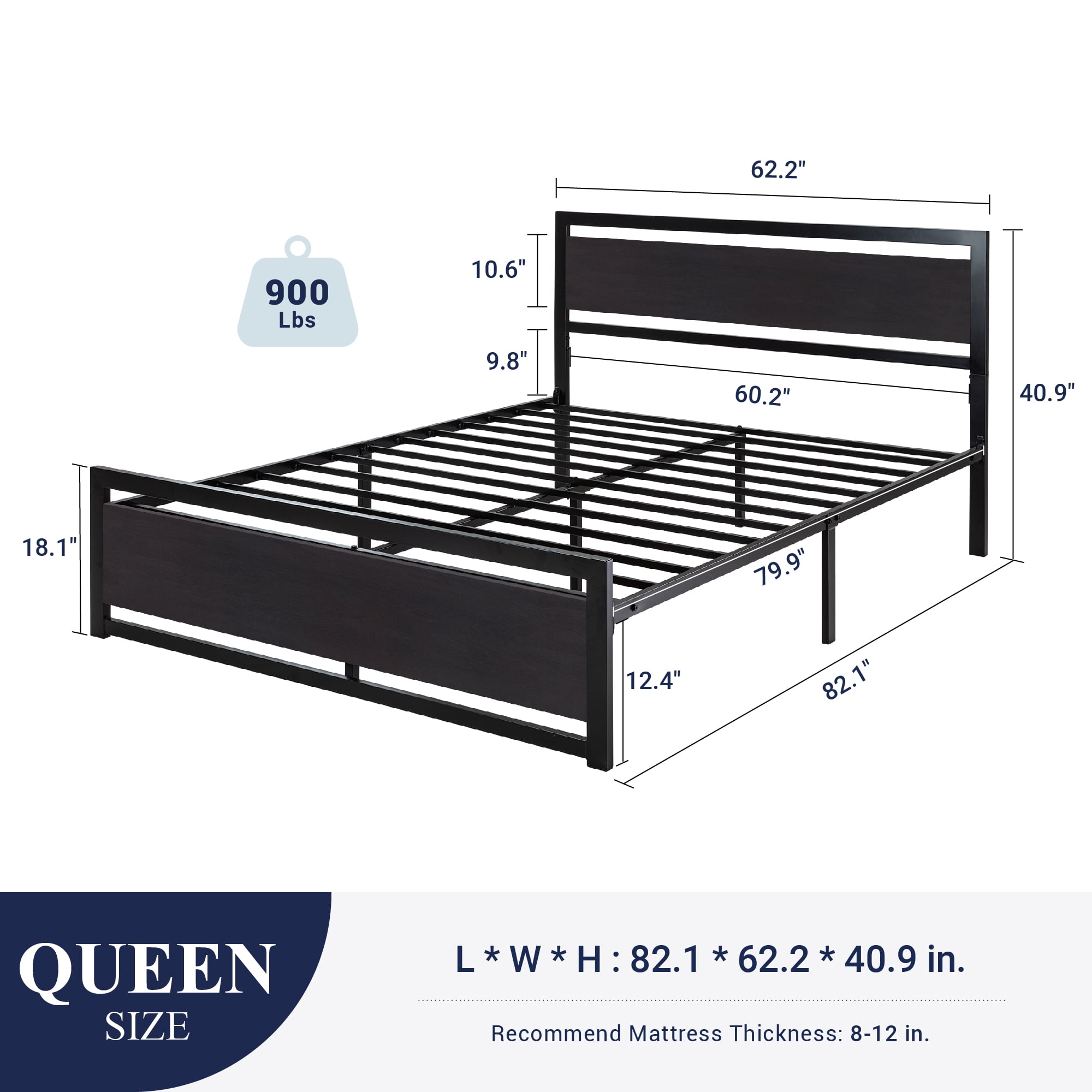 Allewie Queen Bed Frame, Metal Platform Bed Frame with Wooden Headboard, 12.4" Under-Bed Storage, Black