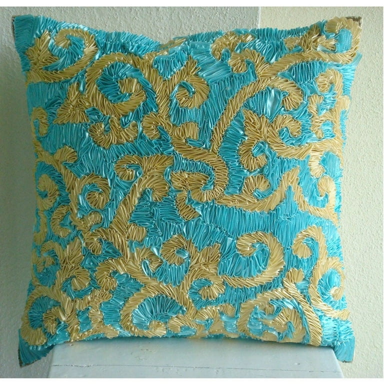 Decorative Pillow Covers, Pillow Covers, Decorative Pillow Covers 18x18  inch (45x45 cm) Blue, Silk Throw Pillow Covers, Handmade Pillow Covers