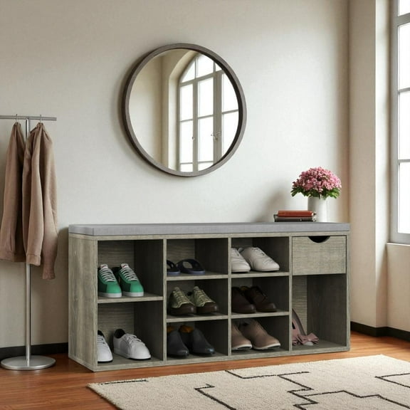 IVV 40.9" Entryway Shoe Bench with Padded Cushion, Modern Farmhouse Storage Shoe Rack Organizer with 1 Drawer and 9 Cubbies, for Entryway, Bedroom, Mudroom – Gray
