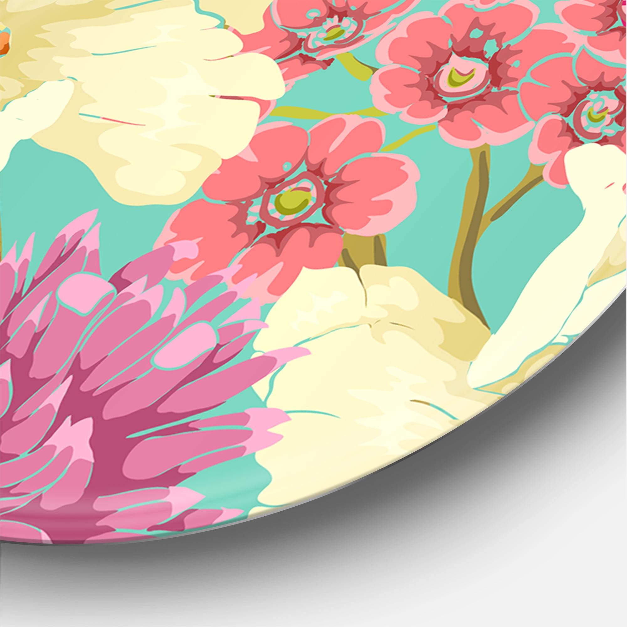 Designart 'Vintage Yellow and Pink Flowers' Traditional Circle Metal Wall Art 23x23 - Disc of 23
