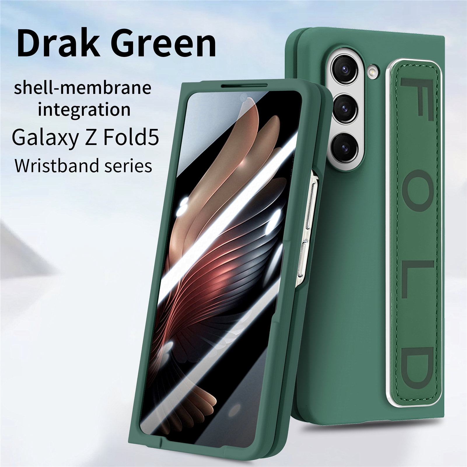 for Samsung Galaxy Z Fold 5 Case with Strap, [Non Slip Silicone Touch] Slim Protective Phone Case with Elastic Finger Wristband, Shockproof PC Cover for Samsung Galaxy Z Fold 5 2023 - Dark Green