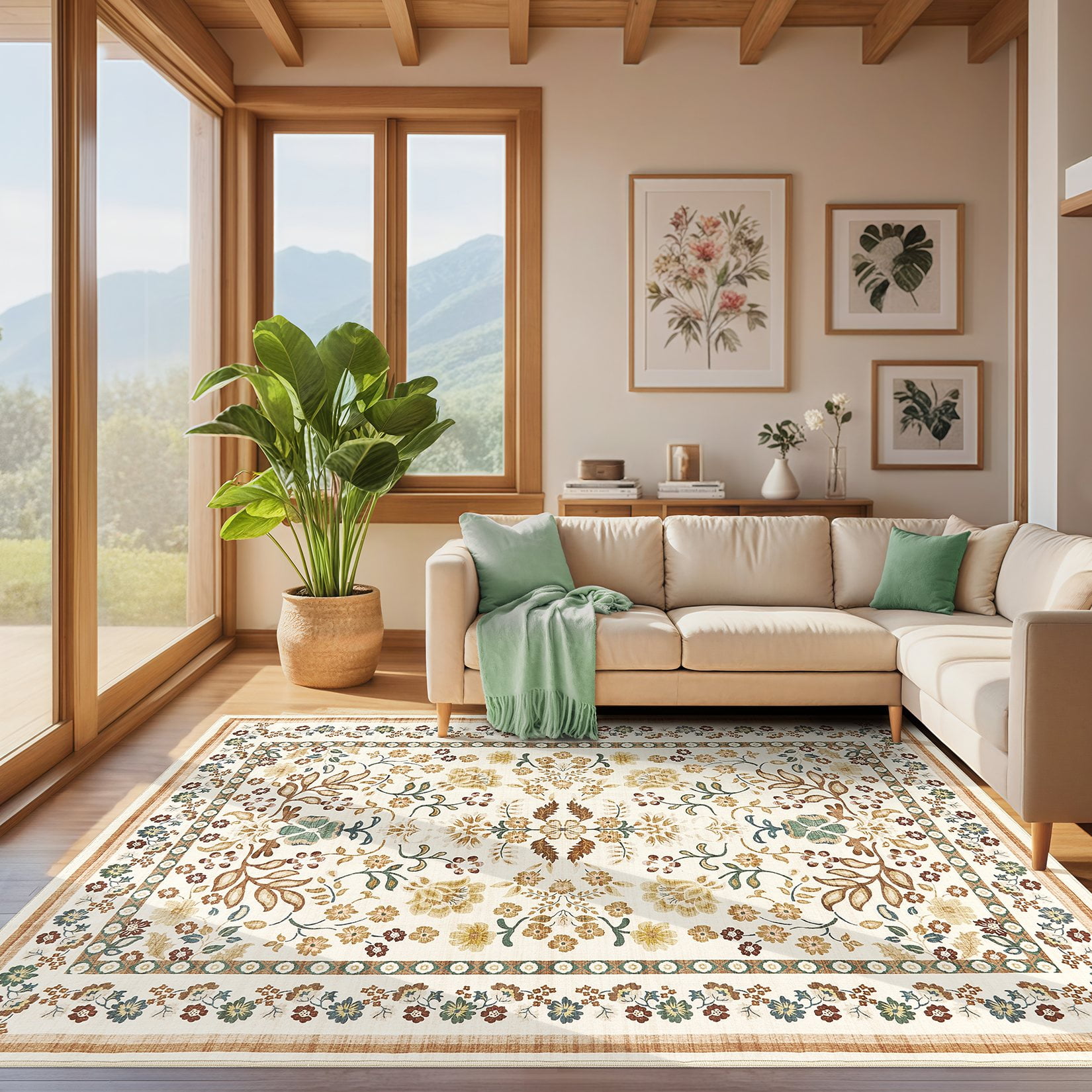 Toyoso 8x10 Area Rug Living Room Rugs - Washable Vintage Floral Soft Thin Large Rug Indoor Floor No Slip Rug Carpet for Bedroom Under Dining Table Home Office Decor - Brown Green