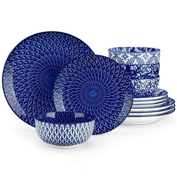 MALACASA 12 pcs Dinnerware Sets, Plates and Bowls Set for 4, Ceramic Dinner Set, Blue and White