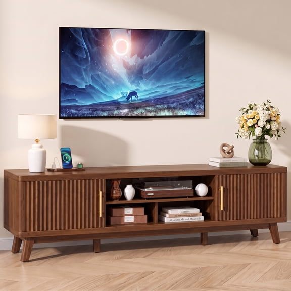Seetech Wooden TV Stand for TVs up to 80", Modern Entertainment Center with Charging Station, Walnut