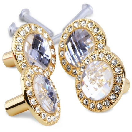 FRCOLOR 4pcs Elegant Brilliant Crystal Rhinstones Decor Kitchen Cabinet Cupboard Drawer Door Knob Metal Pull Handles (Golden)