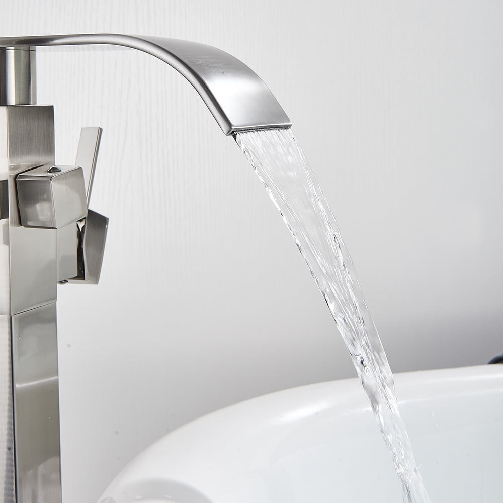 Free standing Bathtub Faucet Brushed Nickel Floor Mount Tub Filler Mixer Shower