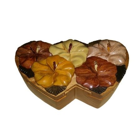 Hawaiian Jewelry - Hawaiian Style Wood Keepsake Jewelry Puzzle Box Hibiscus Bouquet