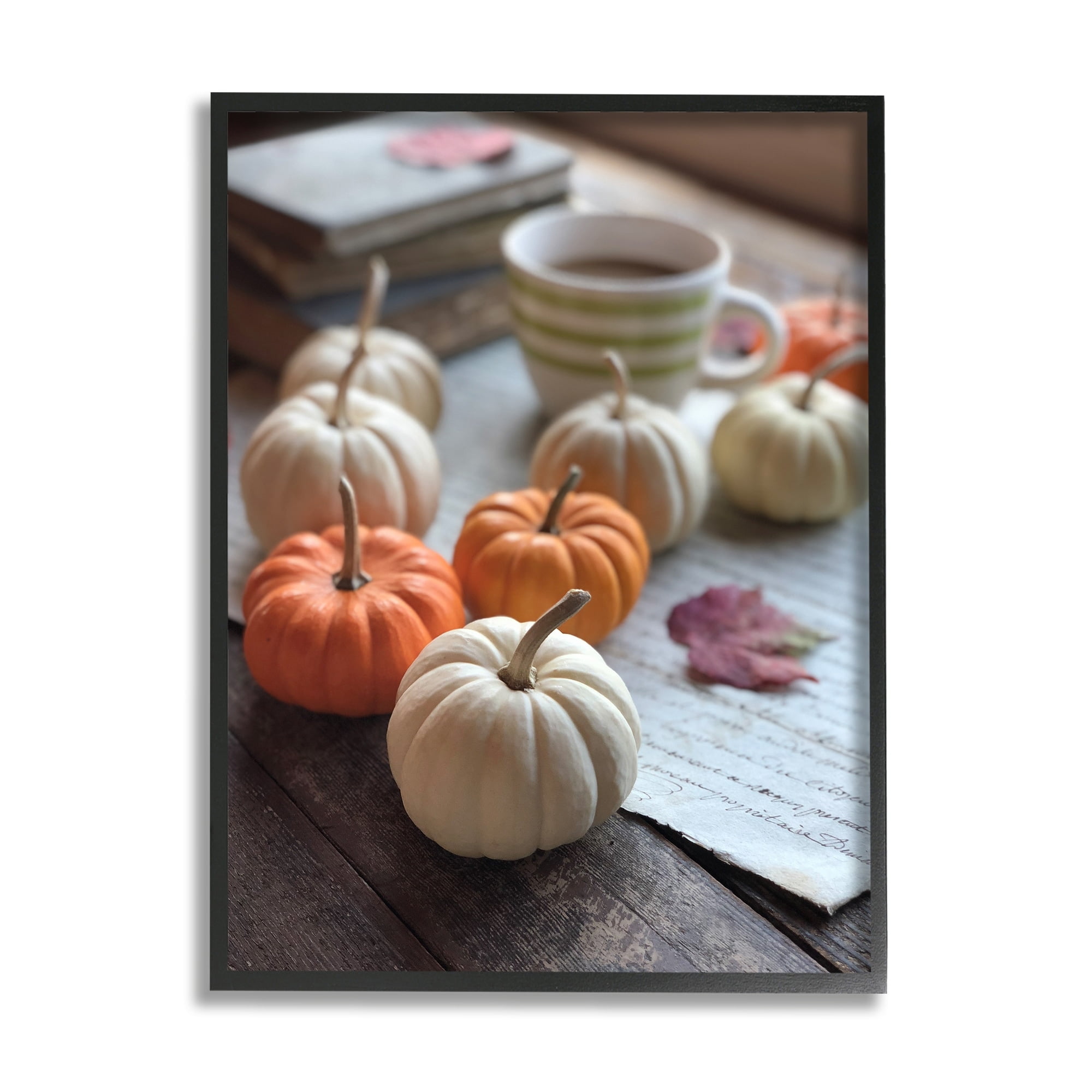 Cozy Pumpkins Scattered Leaves Coffee Mug Photography Botanical & Floral Photograph Framed Art Print Wall Art