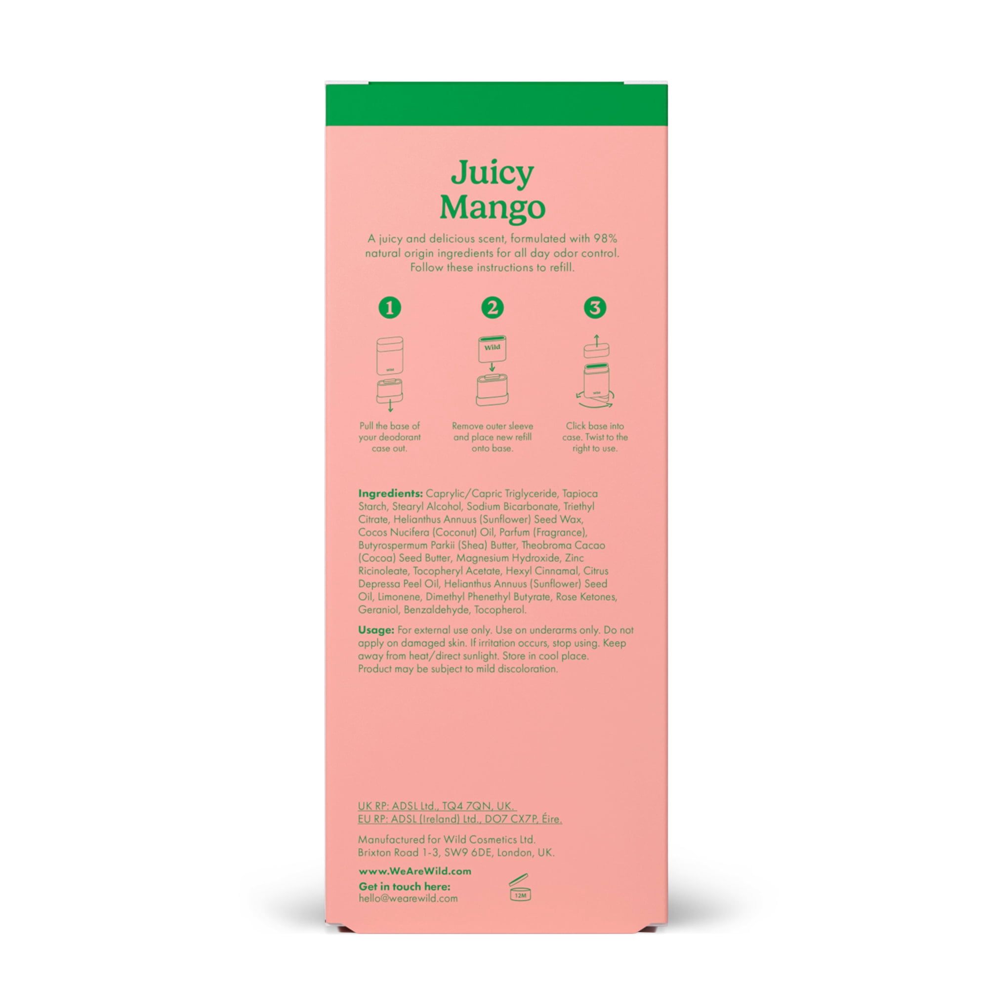 Wild Refillable Deodorant Starter Pack – Aluminum Free. Chrome Case + Juicy Mango Refill, for Women and Men, 1.4oz