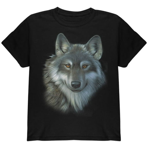 Timber Wolf Face Youth T Shirt Black YLG