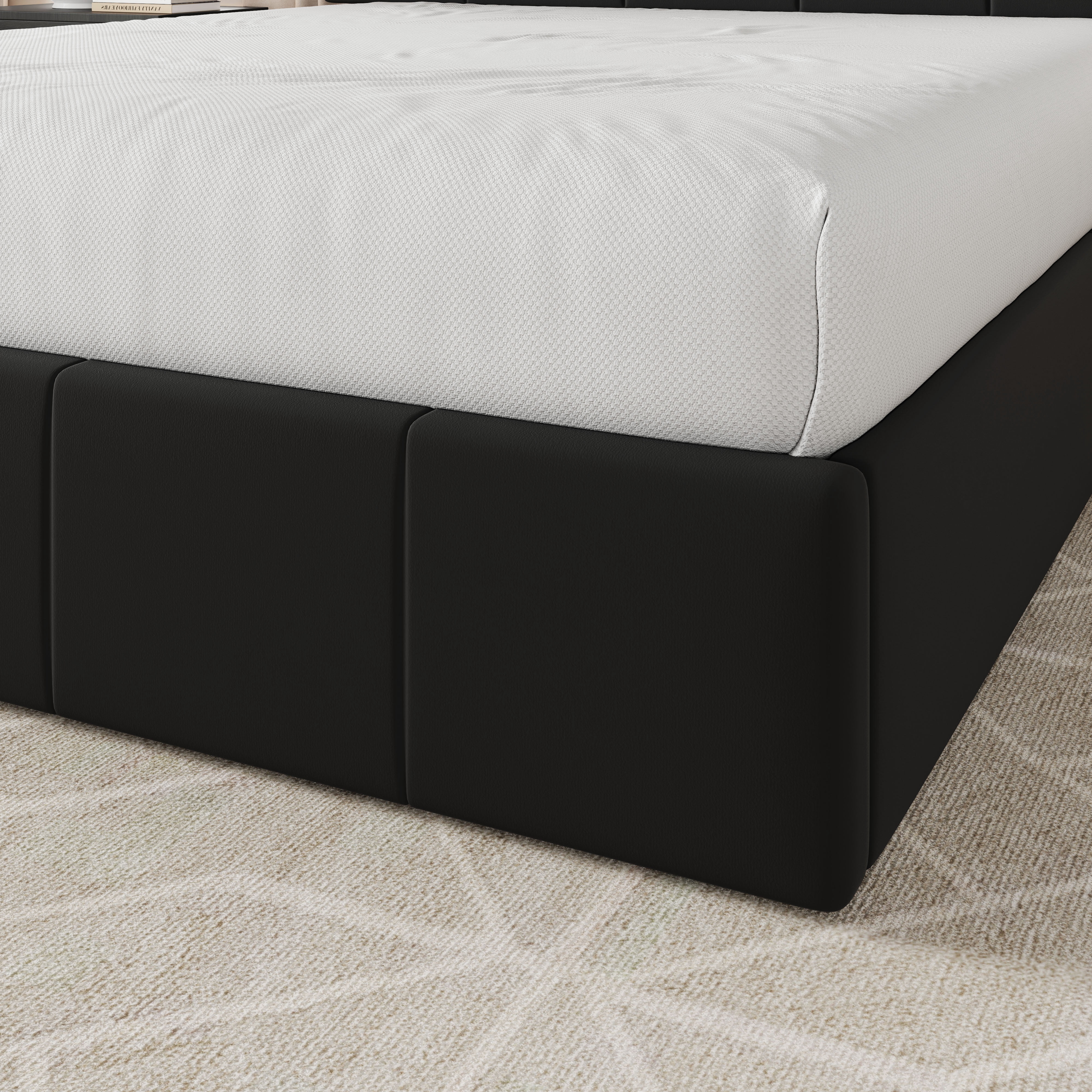 Allewie Queen Size Velvet Lift Up Storage Bed Frame, Vertical Channel Tufted Headboard, Hydrualic Underneath Storage, Upholstered Platform Bed, Wooden Slats Support, No Box Spring Needed, Black