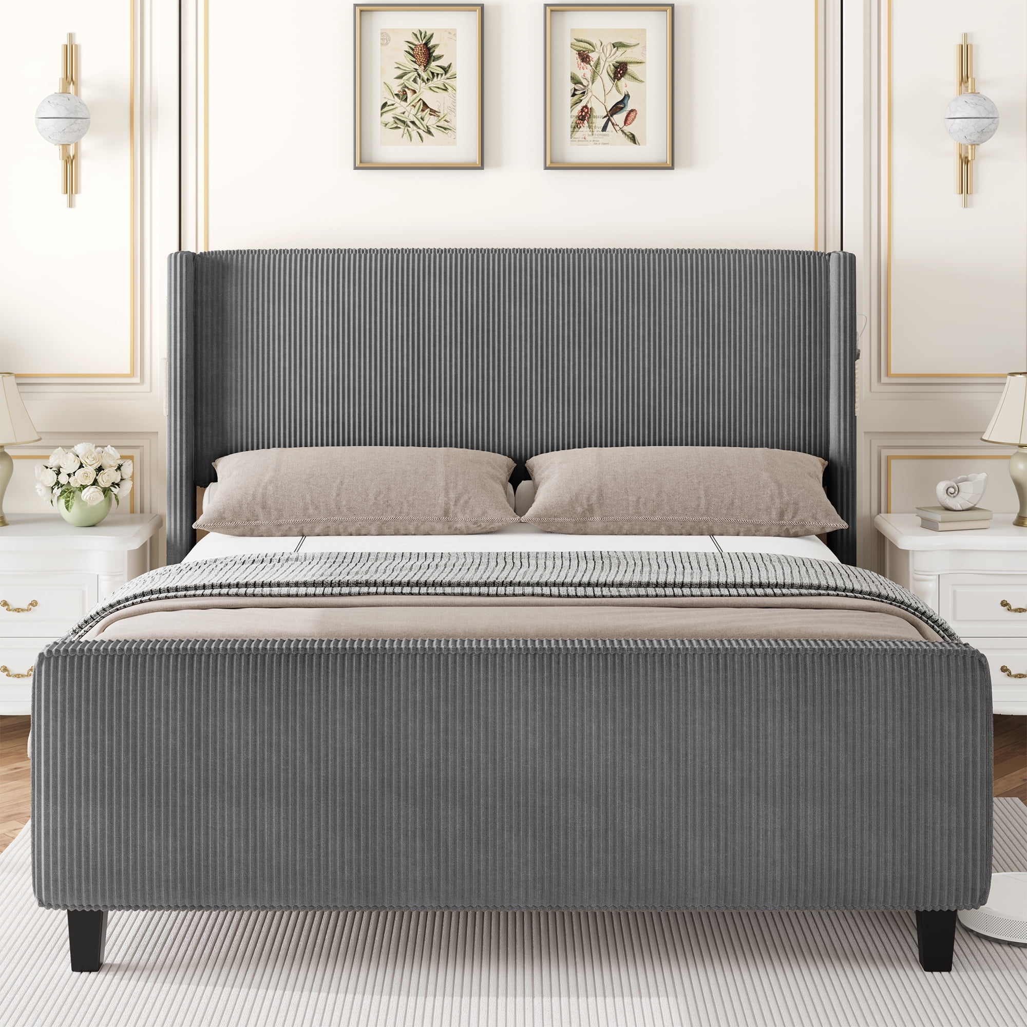 Gewnee 51"High Headboard Platform Queen Bed Frames,Corduroy Upholstered Bed Frame with USB Ports、Wingback and High Footboard.(Dark Grey)