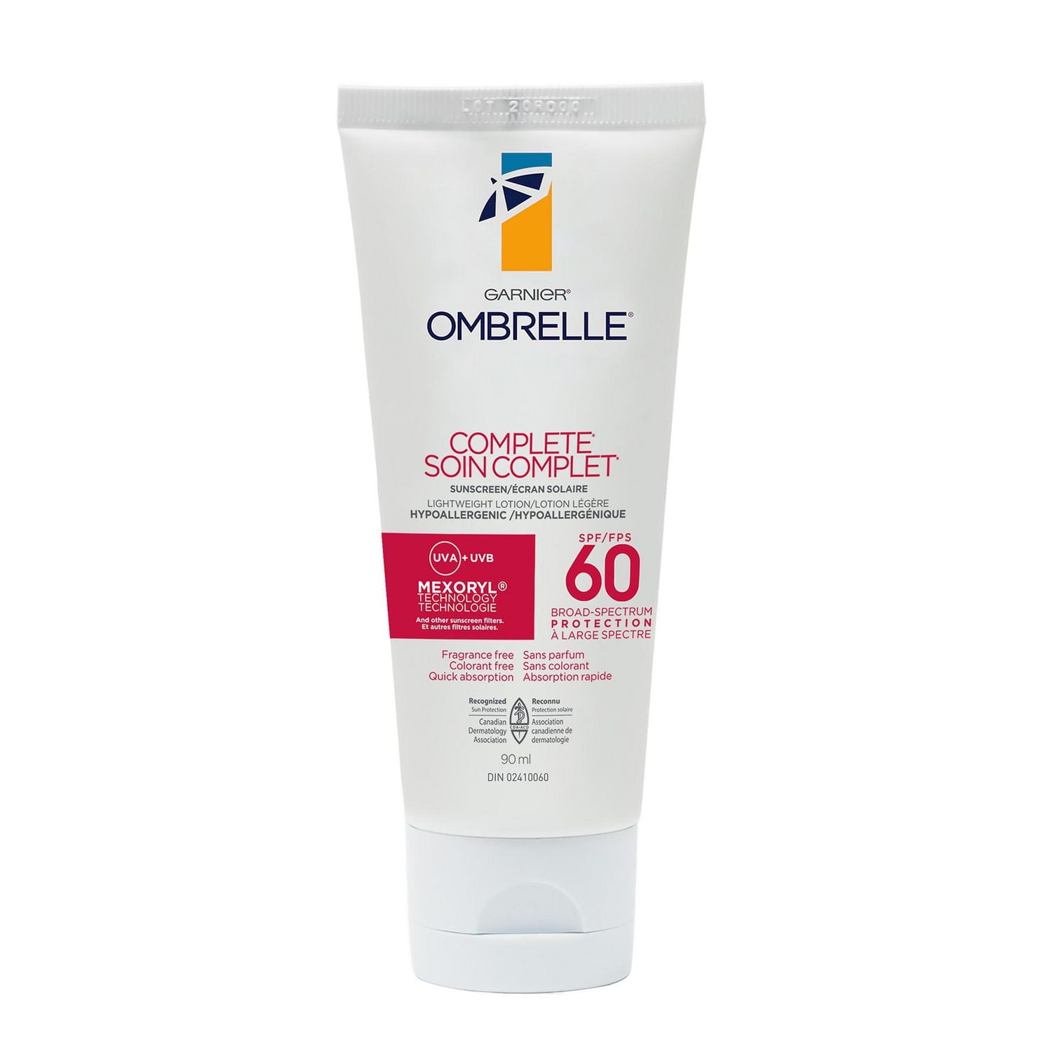 Garnier Ombrelle Écran solaire complet, FPS 60, pour le corps et le visage, haute protection, défense avancée contre les UVA/UVB, non gras, résistant à l'eau, hypoallergénique, non comédogène, 90 ml
