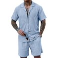 thumbnail image 3 of Men'S Camp Collar Jacquard Button Up Shirt and Drawstring Shorts Two Piece Outfit Light Blue L, 3 of 9