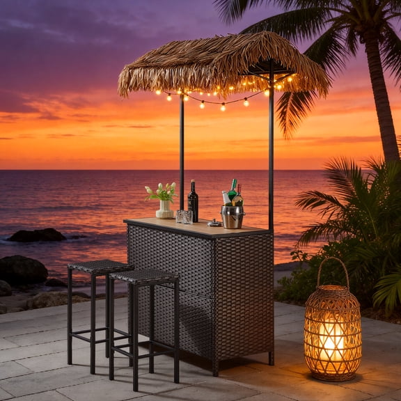 POCASSY Patio Outdoor Tiki Bar Set with Canopy Palapa Top, 3-Piece Wicker Bar Patio Set with 2 Stools, Storage Shelves & Wine Glass Rack, All-Weather Wicker Patio Bar Set for Garden Backyard, Brown