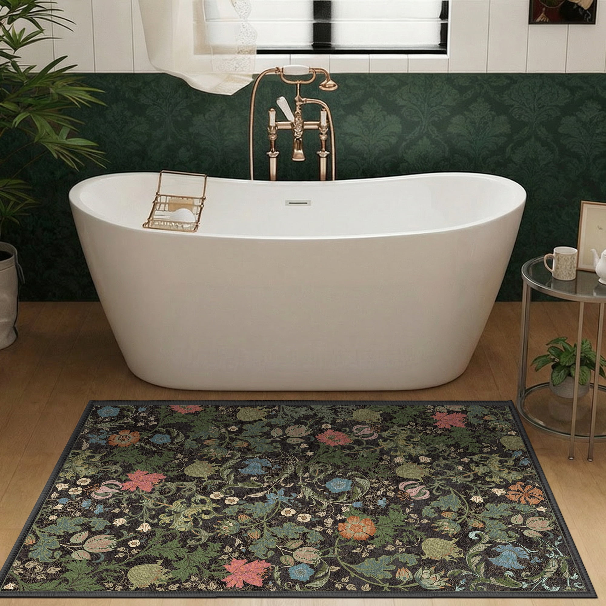 ATHOPE Floral 2x3 Area Rug, Machine Washable Rugs Soft Non Slip Low Pile Rugs for Living Room Bedroom Nursery Kitchen Dining Room Indoor, Small Floral Print Pattern Carpet, Dark Green