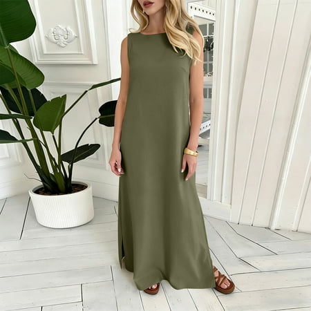 Mifsaly Womens Summer Dresses Sleeveless Linen Dress Maxi Lightweight Flowy Beach Vacation Travel Spring Summer Outfits S