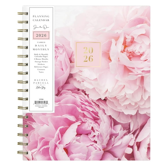 Blue Sky Rachel Parcell 2026 Daily and Monthly Planner Calendar, January 2026 - December 2026, 5" x 8", Hard Cover, Durable Twin Wire Binding, Laminated Tabs, Storage Pocket, Stickers, Peony