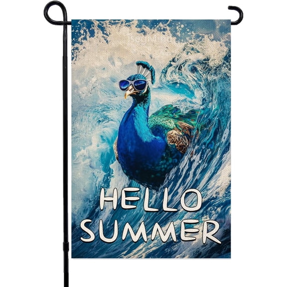 Summer Sea Beach Peacock Garden Flag, Double Sided Linen Yard Flag, 12 x 18 Inch, Outdoor Seasonal Decoration