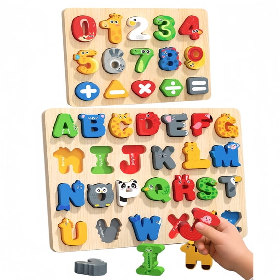ZIOBLW Wooden Alphabet and Number Puzzle Set, 2-Piece ABC 123 Learning Boards with Chunky Pieces, Ages 3-6