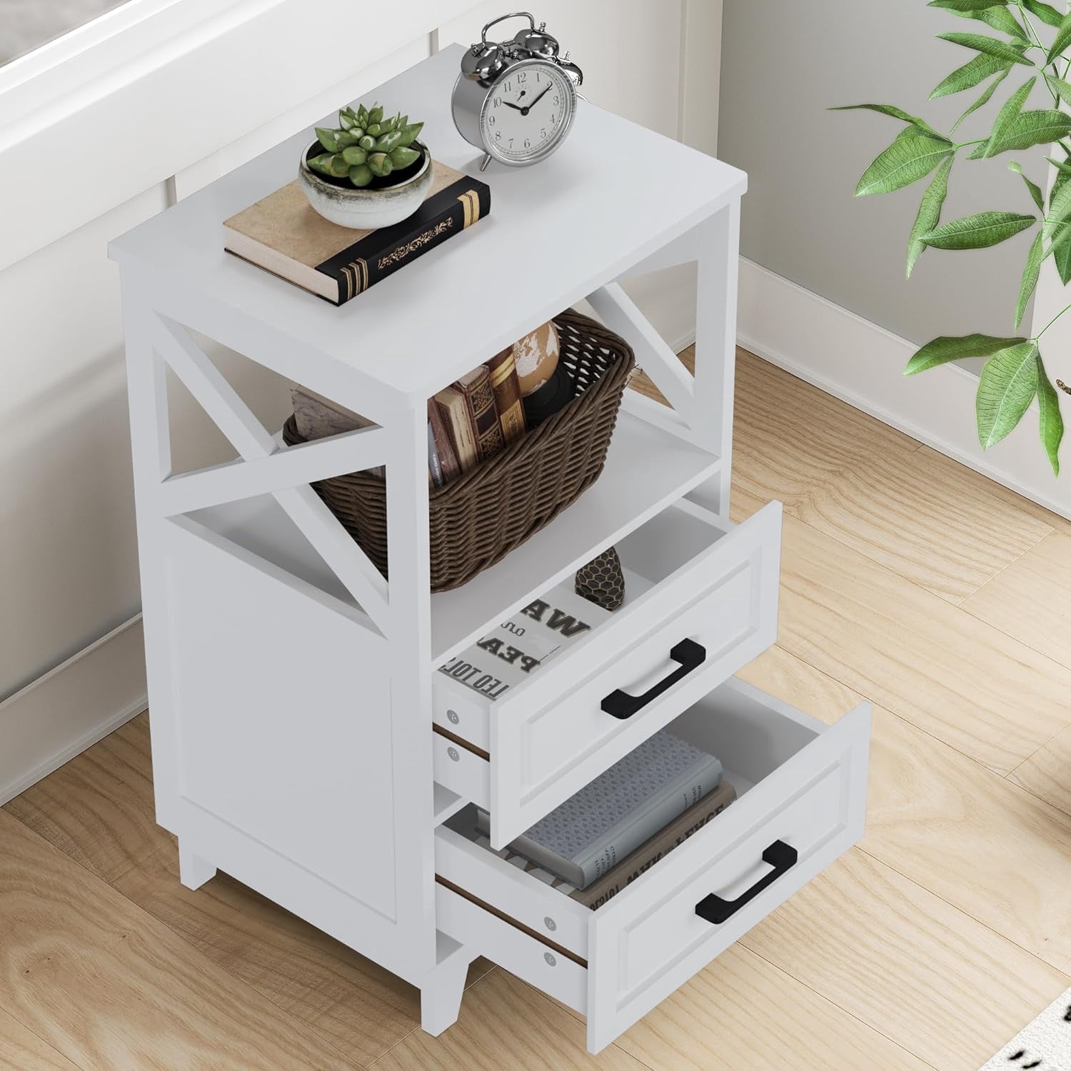 CozyHom White Nightstand Farmhouse Side Table with Storage Drawers and Open Shelf, Wooden Rustic End Table for Bedroom, Living Room, White