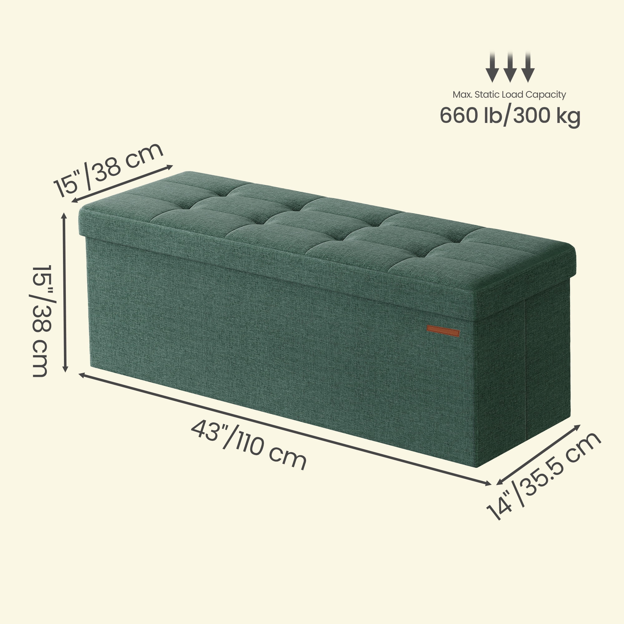 Ledrem Retro Green Foldable Storage Ottoman Bench with 660lb Capacity