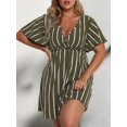 thumbnail image 6 of Women'S Plus Size Dress V Neck Short Sleeve Striped Smocked Waist A Line Short Summer Dress Green XL, 6 of 9