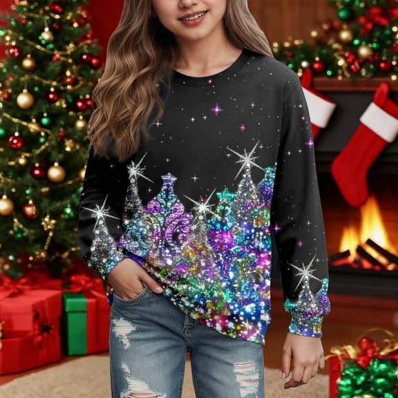 Boys Sweatshirts Kids Christmas Fleece Crew Neck Hoodless Sweatshirt Long Sleeve Pullover Black 4-5 Years